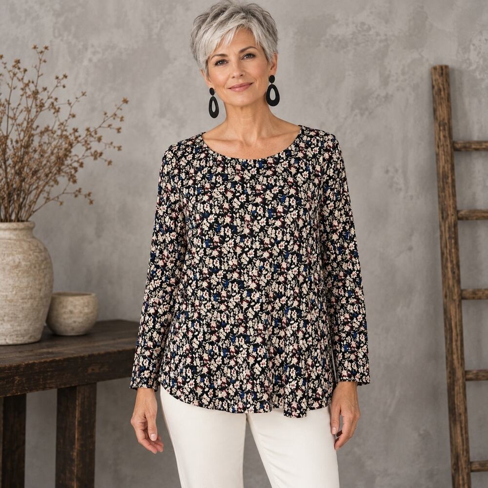 J Jill  Ditsy Floral Luxe Supreme Relaxed Knit Tee L P